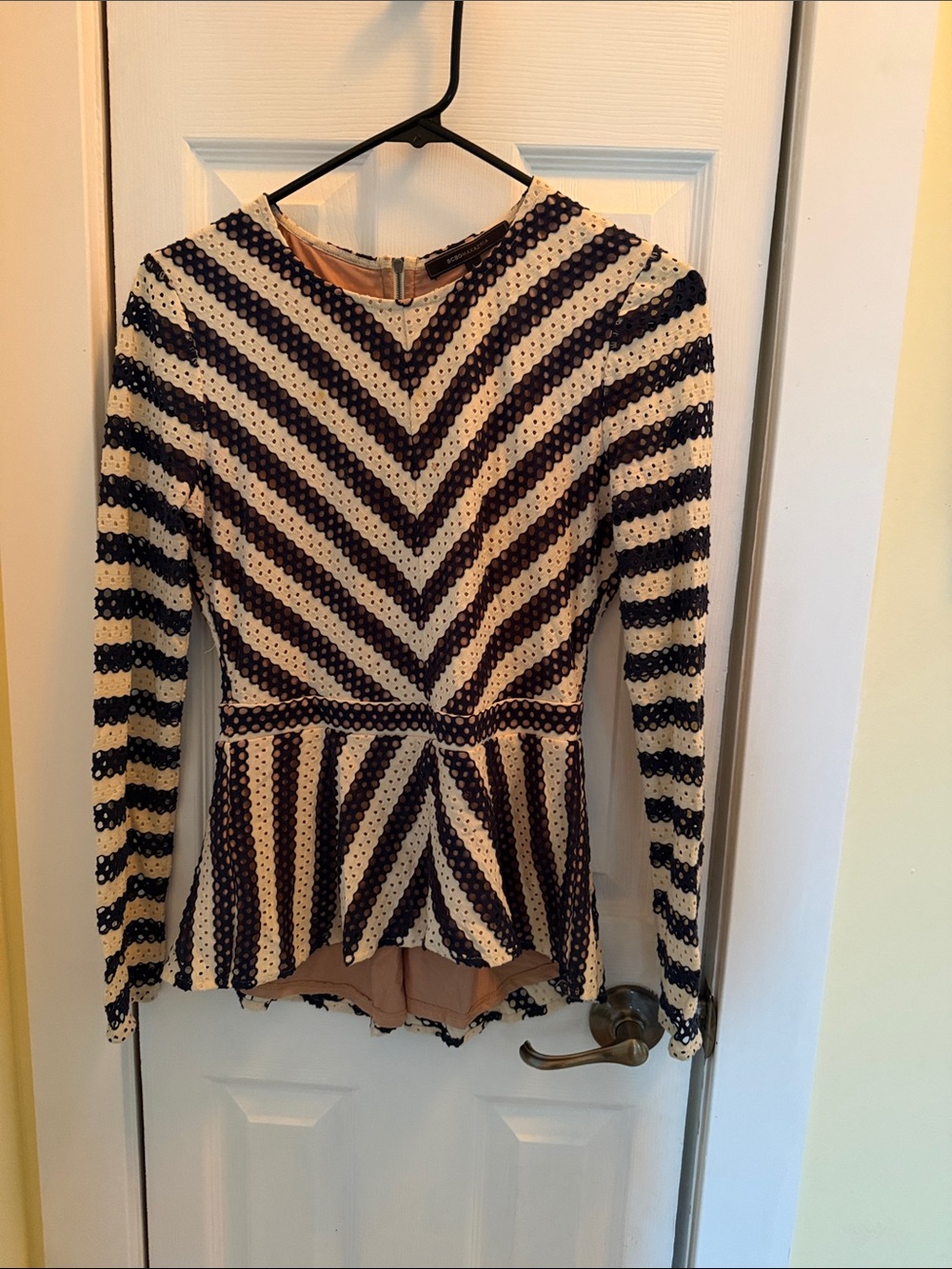 BCBGMaxAzria Chevron Peplum Long Sleeve Top in Navy and Cream
